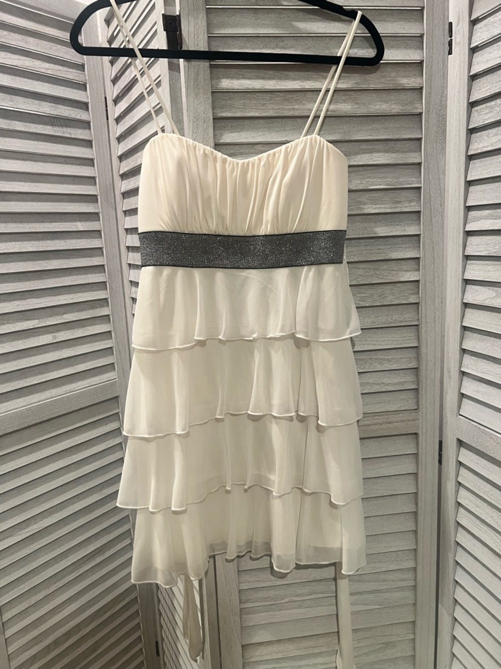 Ivory Tiered Spaghetti-Strap Dress w/ Blk & Silver Waistband